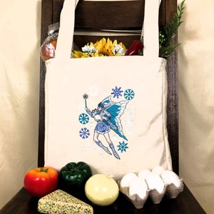 Winter Fantasy Faerie Tree Hand-Made Heavy Canvas Tote Bag with Embroidered Designs and Extra Long Handles