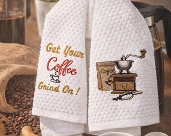 コーヒーを挽き始める刺繍入りハンドタオル ヴィンテージ コーヒーバー キッチン装飾 ギフト