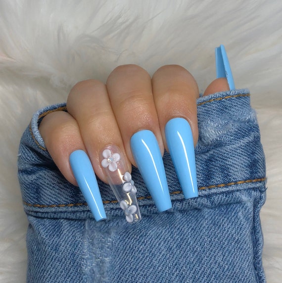 Baby Blue 3d Flowers Press On Nails Etsy Baby Blue 3d Flowers Press On Nails Etsy