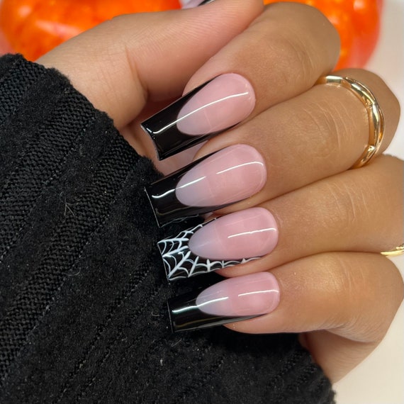 Black French Tips With Spider Web Press on Nails Halloween - Etsy