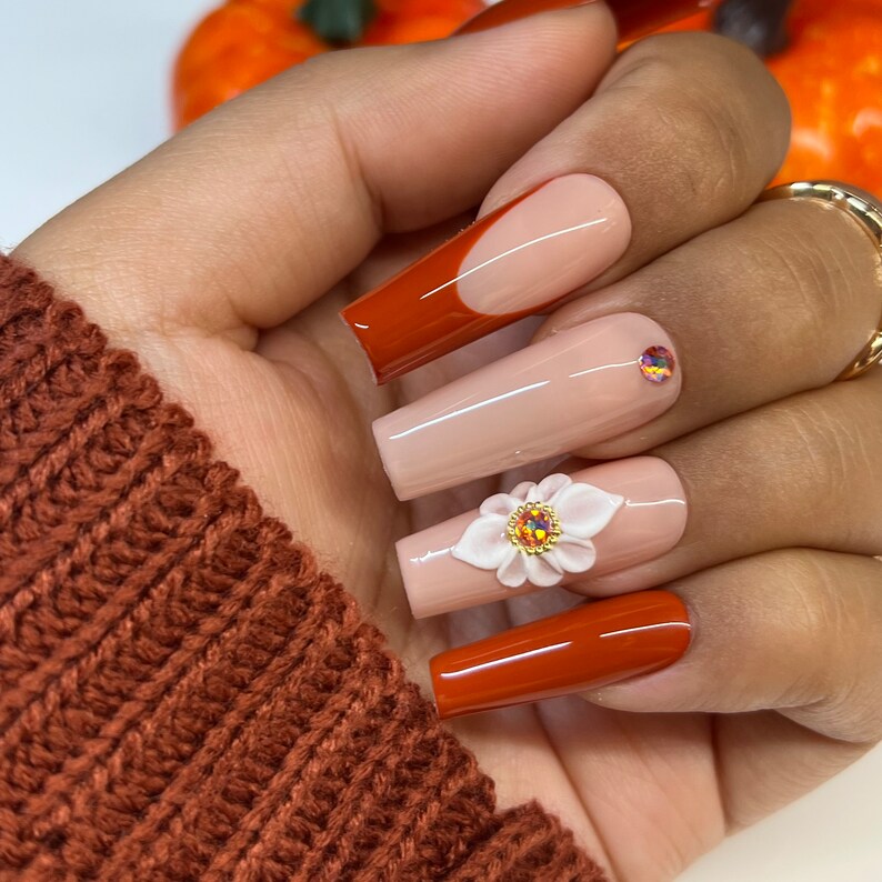 Burnt Orange & 3D Flower Press on Nails Fall Nails Etsy