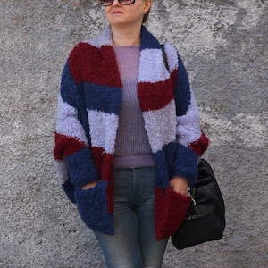 Patchwork-Mantel für Frauen, stricken Mohair Strickjacke, Crop Kimono Strickjacke, Slouchy Strickpullover Mantel, Mohair Poncho Frauen, übergroße Strickjacke