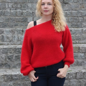 Red cropped sweater, Knit mohair sweater women, Puff sleeve sweater, Soft mohair pullover, Crochet sweatshirt, Oversize knit jumper