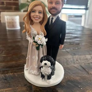 Custom Bobblehead Wedding Cake Topper,Bride, Groom, & Dog  Personalized with Your Photos Custom Made to Capture Your Special Moments
