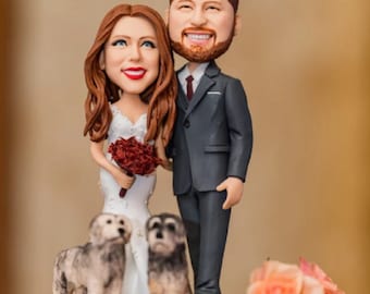 bobblehead couple ,bobblead cake topper,bobblehead wedding ,wedding gift, 50th Anniversary Gifts,wedding cake topper with two dogs