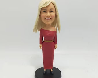 custom bobblehead gift for her, female bobblehead in red dress,gifts for female boss,