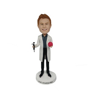 Custom male bobbleheads for neuroscientist and university professor Holding brain miniature and pipette.Christmas gifts for bobbleheads