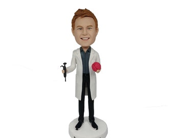 Custom male bobbleheads for neuroscientist and university professor Holding brain miniature and pipette.Christmas gifts for bobbleheads