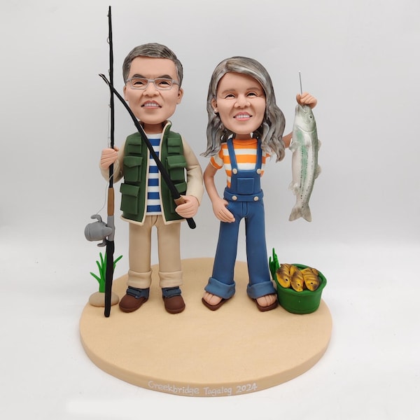 Muñeco cabezón personalizado de pareja de pescadores, muñeco cabezón de pescador, esculturas de pescadores, recuerdo/premio exclusivo personalizado para pescadores, regalos para pescadores