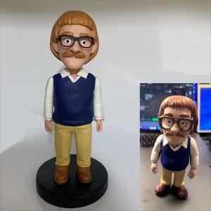 May include: A figurine of a man with a mustache and glasses, wearing a white shirt, navy blue sweater vest, yellow pants, and brown shoes. The figurine is on a black circular base.