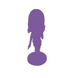 May include: Purple figurine of a person with long hair standing on a round base.