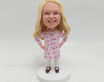 Handmade Kids Bobblehead,Custom Polymer Clay Doll,Golden Hair Glasses,Pink Floral Dress Gift,Personalized Child Bobblehead Doll