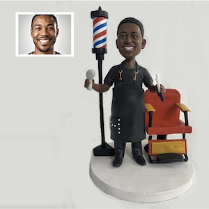 Custom Male Barber Bobblehead,Male HairStylist Custom Bobbleheads,Barber in apron with barber pole&seat,birthday gifts for him