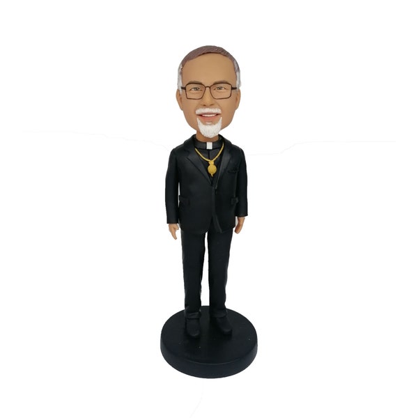 Custom man bobblehead for priest, wedding gifts for priest wearing gold coloured medallion on a gold chain, gifts for Archbishop