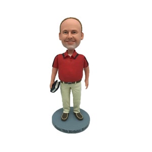 custom bobble head for 50th Birthday Celebration,bobbleheads teacher,overweight body in  tan/khaki pants, red shirt and brown belt