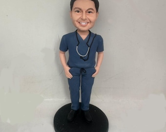 Custom Male Doctor Bobblehead in Blue Scrubs,Personalized Figurine with Stethoscope,Unique Gift Idea for Medical Professional
