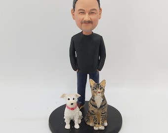 Figura cabezona personalizada de hombre con perro/gato para el Día del Padre, figura cabezona personalizada, adorno para pastel de perro/gato, regalos de cumpleaños para padre/esposo/jefe/novio