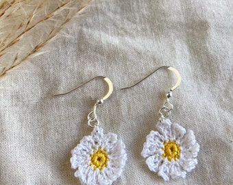 Crochet Daisy Earrings: Handmade 925 Sterling Silver Hooks