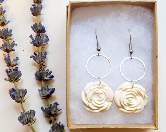 Ivory white polymer clay rose earrings