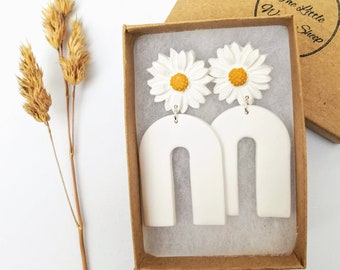 Handmade Daisy Arch Earrings: Boho Polymer Clay Dangles