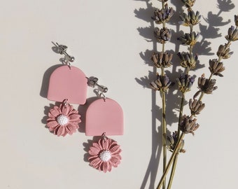 Pastel Pink Daisy Dangle Earrings, Polymer Clay Earrings, Hypoallergenic Stainless Steel Earrings, Handmade in the UK, Floral Jewellery