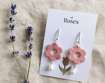 Dusty Pink Flower Dangle Earrings, Pearl Earrings, Lightweight Polymer Clay Earrings, Hypoallergenic Stainless Steel, Handmade in the UK