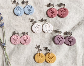 Birth Month Flower Earrings, Sterling Silver Pendant Earrings, Custom Birth Flower Earrings, Handmade Polymer Clay Earrings, Birthday Gift