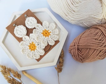 Crochet Daisy Dangle Earrings: Handmade Boho Jewelry, Hypoallergenic