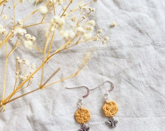 Mustard bee earrings, 935 sterling silver earrings, handmade polymer clay earrings, lightweight jewellery