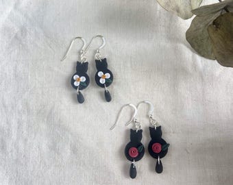 Floral black cat dangle earrings, handmade polymer clay silver cat earrings