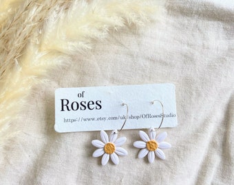 Daisy Sterling Silver Hoops, Polymer Clay Earrings, Handmade