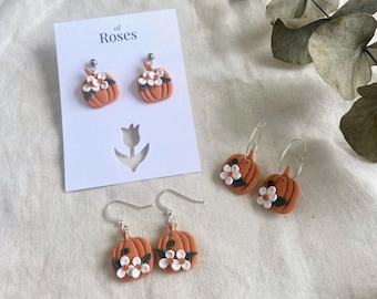 Pumpkin silver earrings, handmade floral polymer clay earrings