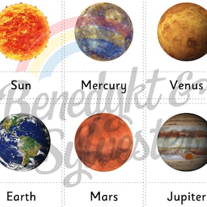 May include: A colorful illustration of the planets in our solar system. The sun is a bright yellow and orange, Mercury is gray with brown spots, Venus is yellow, Earth is blue and green, Mars is red, Jupiter is orange and white with brown stripes.