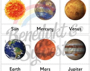 Planetas del Sistema Solar Tarjetas de 3 Partes Montessori DIY Descarga Digital Planetas Imprimibles del Sistema Solar