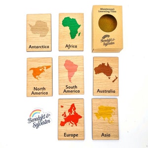 Montessori Kontinent Holzfliesen 7 Kartenset (wie 3 TeilKarten) Flashcards Flash-Karten