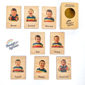 Montessori Wooden Emotions Tiles 10 Card Set (Comme 3 cartes de partie) Toddler Matching Flashcards Feelings Emotive Flash Cards