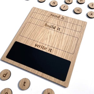 Read it! Write it! Build it! Chalkboard with 37 Alphabet Wooden Coins - Oak Wood Montessori Moveable Alphabet Learning Children’s
