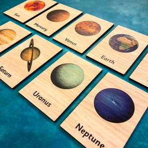 Montessori Solar System Wooden Tiles 9 Card Set (Comme des cartes en 3 parties) Flashcards Flashcards