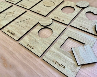 Montessori Learning Tiles - Cut Out Shapes (Puzzles) Matching Activity Wooden "Cards"