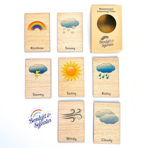 Montessori Wooden Weather Tiles 7 Card Set (Como tarjetas de 3 partes) Tarjetas Flashcards de emparejamiento para niños pequeños