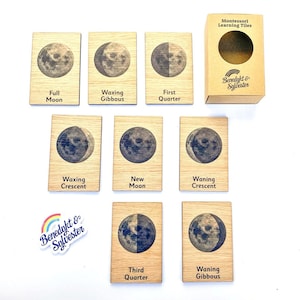 Montessori Wooden Phases of the Moon Tiles 8 Card Set (Like 3 part cards) Flashcards Flash cards