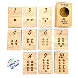 Conjunto de 10 peças de madeira montessori, conjunto de 10 cartas (como cartas de 3 partes), cartões flash de contagem para crianças, cartões flash