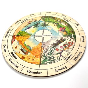 Wooden Perpetual Calendar Seasons Wheel Montessori Waldorf Children&#39;s Learning Tool Weather Nature