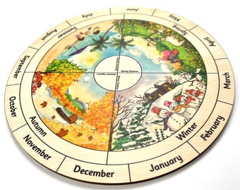 Wooden Perpetual Calendar Seasons Wheel Montessori Waldorf Children's Learning Tool Weather Nature