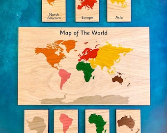 Montessori Wooden Display Board & Learning Tiles Set - Map of the World and Continent Tiles Flashcards