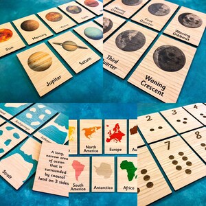5 Pack Multibuy Montessori Inspired Learning Tiles -Phases of Moon Continents Solar System Numbers Land Forms (Like 3 part cards) flashcards