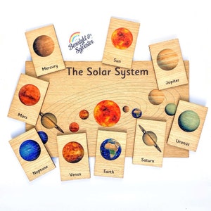 Montessori Wooden Display Board & Learning Tiles Set - Solar System Flashcards Cartes Flash