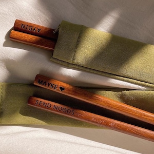 Chopsticks set engrave your own text name - personalize - storage bag - Father's Day - wood - sushi - noodle lover - Japan