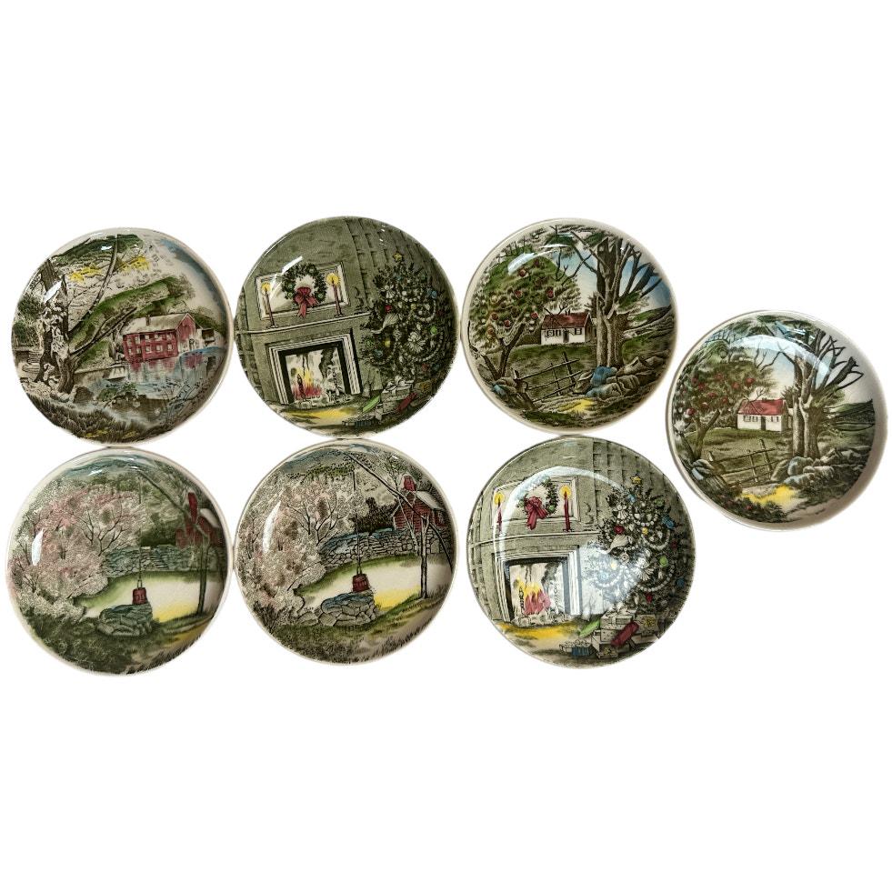 Vntg Johnson Bros Made in England Mini Plate 11cm Rustic Village Scene 7PC 4"