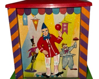 Vintage Circus Clown Plastic Music Box Green Red &quot;Hi Lily Hi Lo&quot; 4&quot;x4.25&quot;